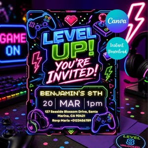 Szablon zaproszenia urodzinowego z motywem gry wideo | Zaproszenie na imprezę Level Up Gamer | Neonowe zaproszenie urodzinowe do salonu gier | Edytowalne zaproszenie Canva Gaming dla dzieci
