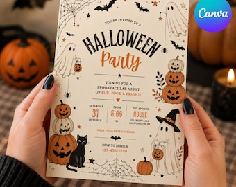 May include: A rectangular Halloween party invitation card featuring black and orange illustrations of ghosts, pumpkins, a black cat, and spiderwebs. The text reads: You're invited to a Halloween Party, join us for a spooktacular night of fun, food & fright.