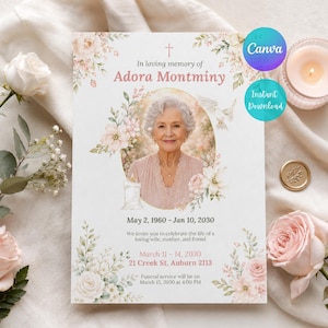 Puede incluir: Una plantilla de programa funerario con el retrato de una mujer mayor, ilustraciones florales rosas y una cruz. El texto incluye In loving memory of Adora Montminy, May 2, 1960 - Jan 10, 2030, y detalles del servicio funerario el 15 de marzo de 2030 a las 16:00.