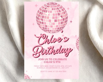 Pinke Disco Party Einladung: Sparkle Geburtstag, Tanz Thema (Canva Vorlage, digitaler Download)