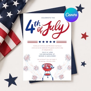 Pode incluir: Um cartão de convite branco com texto vermelho e azul que diz "Celebre o 4 de julho". O cartão inclui detalhes para um churrasco, ilustrações de fogos de artifício e uma bandeira americana no fundo.