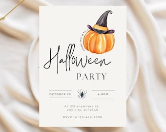 May include: Halloween party invitation with a watercolor pumpkin wearing a witch hat. The invitation includes the text "Halloween Party", date, time, address, and RSVP information. The background is a cream color.