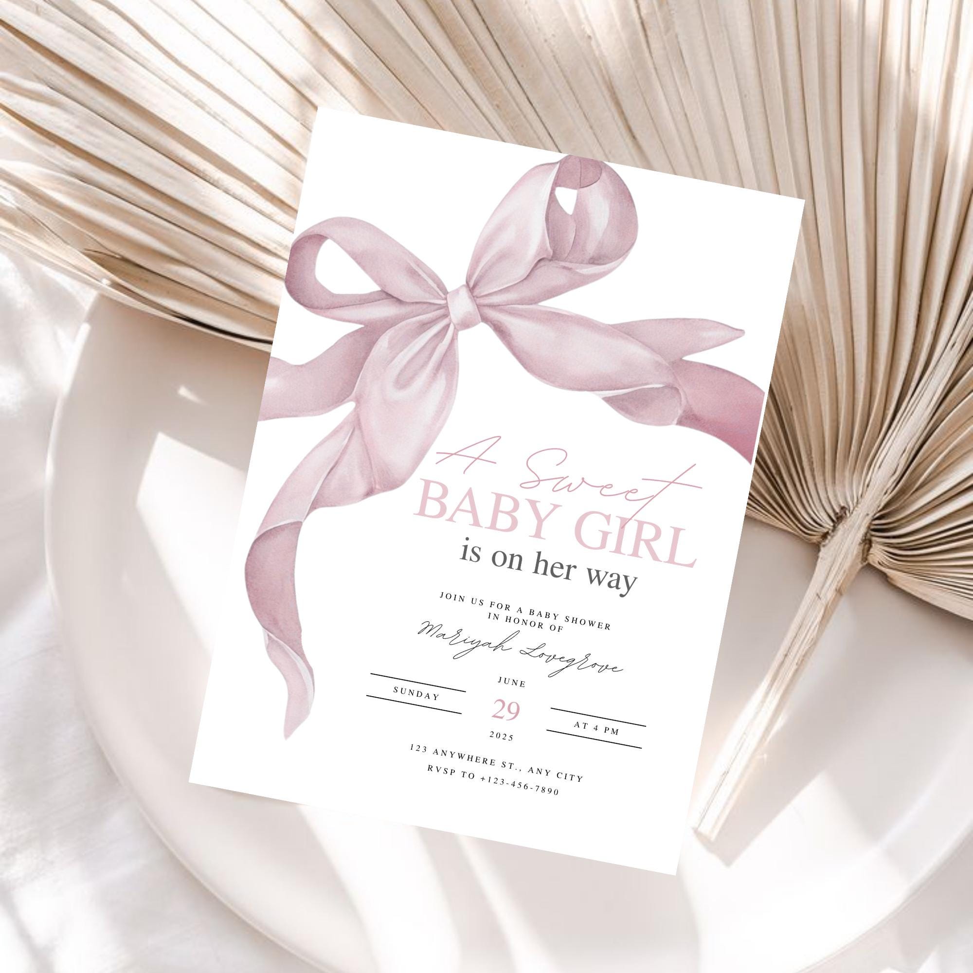 Editable Blush Pink Bow Baby Shower Invitation | Coquette Baby Shower ...