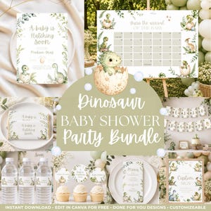 Paquete de baby shower "Próxima eclosión", invitación para baby shower de dinosaurios, plantilla editable de Canva, decoración para fiesta de bebés dinosaurios, juegos imprimibles