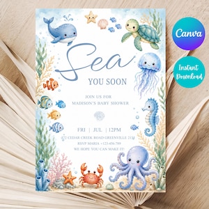 Puede incluir: Una tarjeta de invitación para baby shower con ilustraciones en acuarela de una ballena, tortuga marina, medusa, caballito de mar, pulpo, cangrejo y peces. El texto dice Sea YOU SOON, JOIN US FOR MADISON'S BABY SHOWER, FRI JUL 12PM, 372 CEDAR CREEK ROAD.