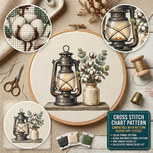 May include: Cross-stitch chart pattern featuring a vintage lantern and cotton plant in a vase. The design is framed in a wooden embroidery hoop. Additional elements include scissors, thread spools, and a thimble. The chart is compatible with the Pattern Keeper App.