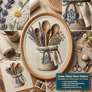 May include: A cross-stitch design showing a jar with wooden spoons, lavender, and wildflowers. The jar has a blue floral pattern and a checkered cloth. The text "Cross Stitch Chart Pattern" is visible.