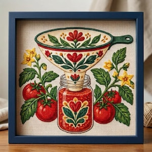 Peut inclure: Une broderie au point de croix encadrée sur un fond en tissu crème. Le motif représente un entonnoir posé sur un bocal en verre rempli de sauce tomate rouge, entouré de pieds de tomates verts avec des tomates rouges et des fleurs jaunes.