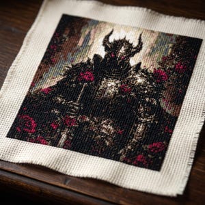 Può includere: Un ricamo a punto croce dettagliato raffigurante una figura oscura con corna, occhi rossi e un'armatura ornata, che tiene una spada. La figura è circondata da rose rosse, su uno sfondo dai colori tenui. Tema gotico o fantasy.
