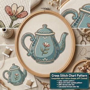 Patrón de punto de cruz de tetera floral azul - Estilo rústico y campestre - Patrón digital de té para cocina en PDF