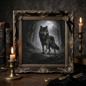Puede incluir: Un bordado de punto de cruz en blanco y negro enmarcado de un lobo en un entorno forestal. El marco ornamentado es negro con detalles dorados. Una cinta negra con un sello dorado está unida al marco. Velas encendidas y libros antiguos en el fondo.
