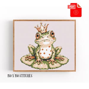 Korsstygnsmönster med groda i PDF-format, näckrosbladsmönster, djurmotiv med liten krona (digital fil)