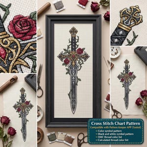 May include: A cross-stitch chart pattern featuring a central sword design entwined with thorny vines and red roses. The sword has a detailed hilt and blade with gold, black, and silver embroidery. Text on the image reads: Cross Stitch Chart Pattern.