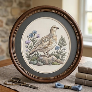 May include: A framed cross-stitch of a bird on a rock with blue and purple flowers. The round frame is dark brown with a gold edge. The artwork is displayed on a table with scissors and blue thread, a classic craft item.