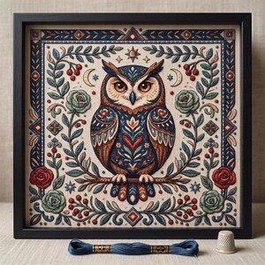 May include: A framed cross-stitch embroidery featuring a central owl with intricate blue, brown, and red patterns. The owl is surrounded by floral motifs, berries, stars, and crescent moons within a geometric border. A blue embroidery thread and thimble.