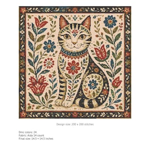 Peut inclure: Motif de point de croix représentant un chat stylisé orné de motifs floraux et géométriques. Le chat est entouré de fleurs et de feuillages rouges, bleus et verts. La taille du motif est de 200 x 200 points, et la taille finale est de 36,3 x 36,3 cm.