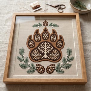 May include: A framed cross-stitch embroidery featuring a large brown bear paw print centered on beige fabric. The paw contains a white tree silhouette and geometric patterns, surrounded by embroidered green pine branches and brown pine cones.