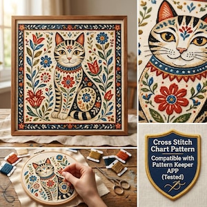 Scandinavian Folk Cat Cross Stitch Design Pattern with Floral Border - Pattern keeper compatible crossstitchers