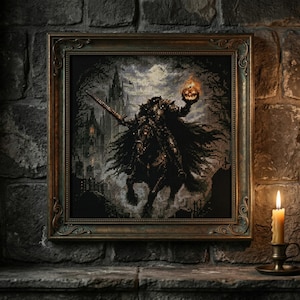 Gothic Headless Horseman Cross Stitch Pattern, Dark Fantasy Wall Decor (PDF Download)