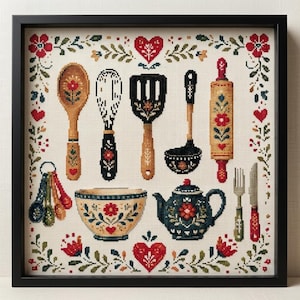 Folk Art Kitchenware Cross Stitch Patterns - Nordic Kitchen Utensils Embroidery Chart PDF