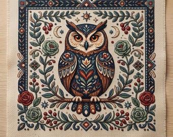 May include: A square cross-stitch embroidery on beige fabric featuring a central owl perched on a branch. The owl is surrounded by a symmetrical border of green leaves, red berries, and roses. Celestial motifs like stars and crescent moons are included.