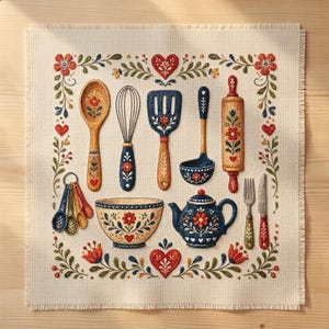 Könnte beinhalten: Ein quadratisches Stück cremefarbener Aida-Stoff mit einem Kreuzstichmuster aus Küchenutensilien, darunter ein Holzlöffel, Schneebesen, Pfannenwender, Schöpfkelle, Nudelholz, Rührschüssel, Teekanne, Messlöffel, Gabel und Messer, alle mit floralen Motiven verziert.