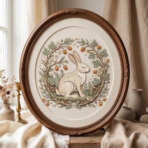 May include: An oval framed cross-stitch featuring a cream-colored rabbit surrounded by a wreath of green leaves, orange berries, and white flowers. The frame is a dark brown with ornate detailing, creating a rustic, nature-themed artwork.