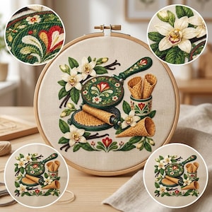 May include: An embroidery hoop containing a fabric panel with a needlepoint design of vanilla flowers, green leaves, a waffle iron, and waffle cones. The central motif features a green waffle iron, two rolled waffle cones, and white vanilla blossoms.