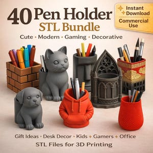 Peut inclure: Ensemble de porte-stylos imprimés en 3D avec des designs variés, dont un chat, un chien, un sweat à capuche et un conteneur en forme de brique. Le texte "40 Pen Holder STL Bundle" et "Instant Download Commercial Use" est inclus.