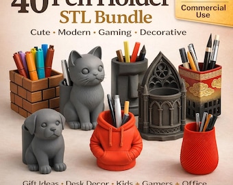 Paquete de 40 portabolígrafos STL | Archivos de impresión 3D para organizadores de escritorio | Paquete de portalápices STL | Diseños modernos y atractivos para videojuegos | Licencia comercial