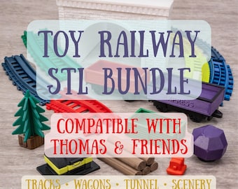 Paquete de trenes de juguete STL | Set compatible con vías de madera | Vías, vagones, túneles y escenografía | Archivos para impresión 3D