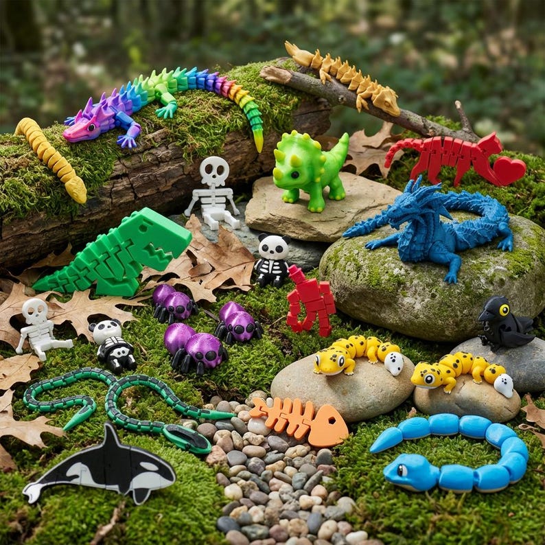 May include: A collection of articulated plastic animal and creature figures including a rainbow lizard, a green dinosaur, a blue dragon, a black and white orca, a skeleton, a panda, spiders, snakes, and various other colorful, segmented toy animals.