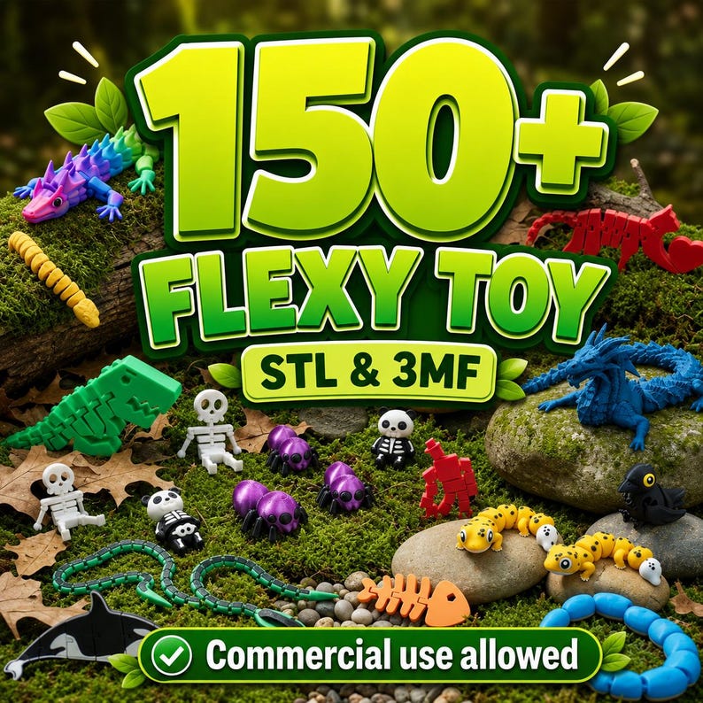 May include: A collection of small, articulated plastic figures including a purple lizard, green dinosaur, blue dragon, skeletons, pandas, spiders, and snakes. The text reads 150+ FLEXY TOY STL & 3MF and Commercial use allowed. These are 3D printed toys.