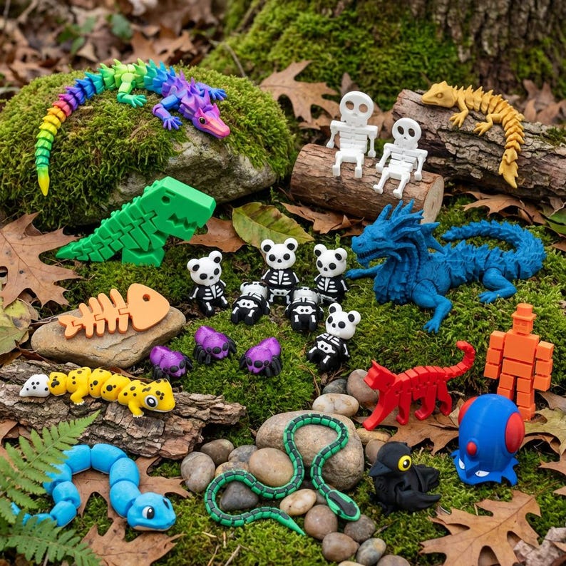 May include: A collection of articulated 3D printed figures including a rainbow lizard, a green dinosaur, a blue dragon, a yellow gecko, a blue snake, a red cat, a black bird, a blue robot, and several small panda skeletons and purple spiders.