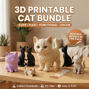 Op de afbeelding: Een verzameling 3D-geprinte kattenmodellen in verschillende poses en kleuren, waaronder zwart, crème en lavendel. De afbeelding toont een staande kat, een slapende kat en katvormige plantenbakken. De tekst op de afbeelding luidt "3D Printable Cat Bundle."