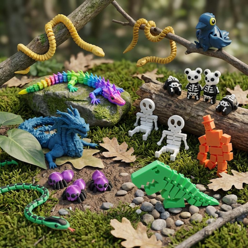 May include: A collection of articulated plastic figures including a rainbow lizard, a blue dragon, a green dinosaur, snakes, skeletons, panda bears, and small purple creatures. These colorful, segmented toys are arranged on a mossy forest floor.