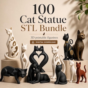 Puede incluir: Una colección de estatuas de gatos en varios estilos y colores, incluyendo blanco, negro y bronce. La imagen presenta una variedad de figuras de gatos, con el texto "100 Cat Statue STL Bundle" y "3D printable figurines".
