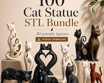 100 Cat Statue STL Bundle, 3D Printable Cat Figurines, Minimalist Cat Decor, Egyptian Cat Sculpture, Animal STL Pack