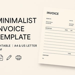 Cream Minimalist Invoice Template | Editable PDF | Simple Printable Invoice for Freelancers  Small Business | A4 & US Letter Format