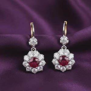 Ruby Diamond Cluster Earrings, 14K Gold Plated Sterling Silver