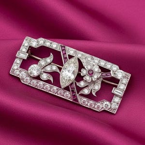 Art Deco Rectangular Crystal Brooch Silver Tone Vintage Style Statement Pin