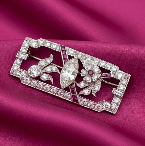 Art Deco Rectangular Crystal Brooch Silver Tone V… - image 1