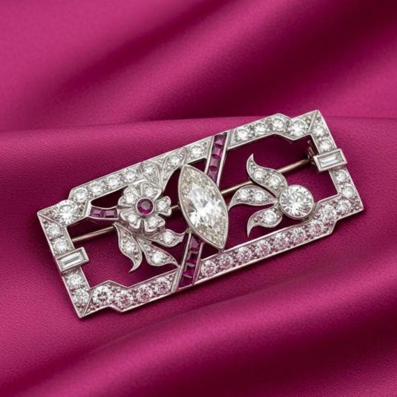 Art Deco Rectangular Crystal Brooch Silver Tone V… - image 3