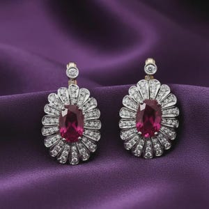Pink Ruby Diamond Halo Earrings  14k Gold Plated Sterling Silver