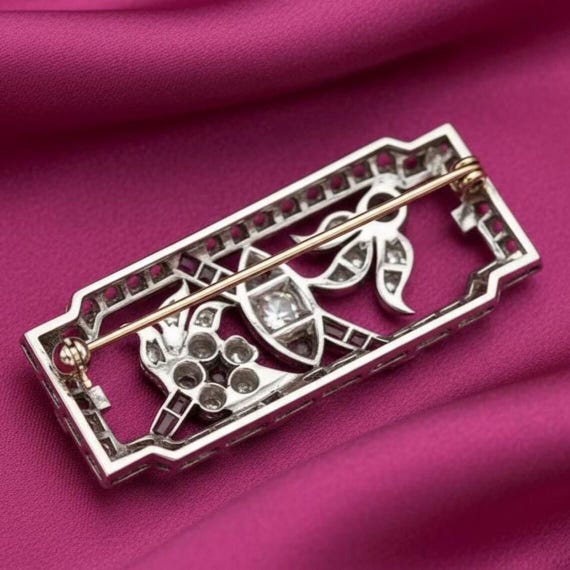 Art Deco Rectangular Crystal Brooch Silver Tone V… - image 4