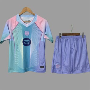 Kids Football Kit - Barcelona Blue and Pink (T-shirt AND Shorts included)