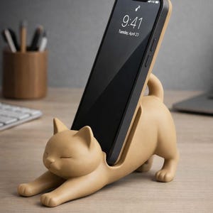 Peut inclure: Un support de téléphone en forme de chat beige tenant un smartphone noir. L'écran du téléphone affiche 9h41, mardi 23 avril. Le chat est en position d'étirement, les yeux fermés.
