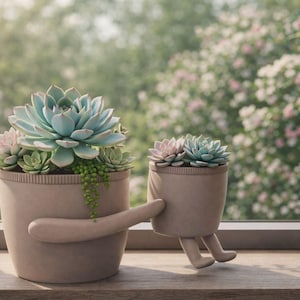 Könnte beinhalten: Zwei beige Keramik-Pflanztöpfe, einer mit Armen und der andere mit Beinen, die jeweils Sukkulenten enthalten. Der größere Topf hat eine hellblaue Sukkulente mit grünen Ranken. Der kleinere Topf hat rosa und blaue Sukkulenten.