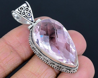 Roze kunziet edelsteen handgemaakte etnische 925 sterlingzilveren sieradenhanger