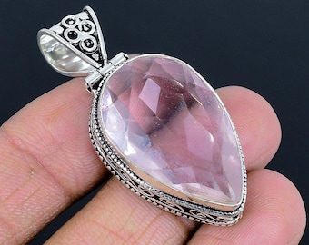 Roze kunziet edelsteen handgemaakte etnische 925 sterlingzilveren sieradenhanger
